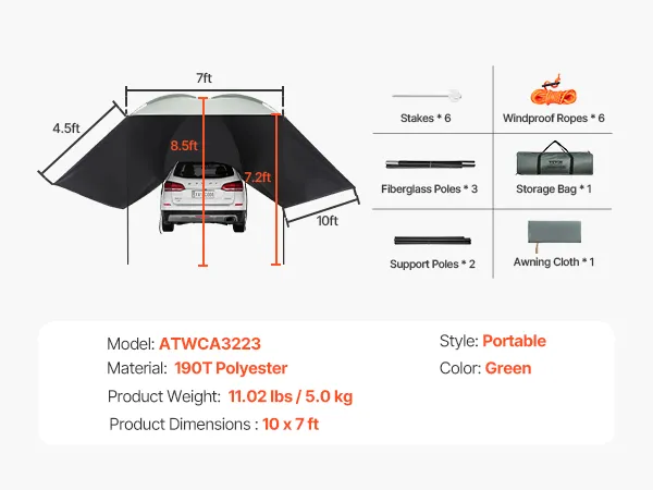 VEVOR vehicle awning setup on a car with dimensions listed. includes stakes, ropes, poles, and storage bag.