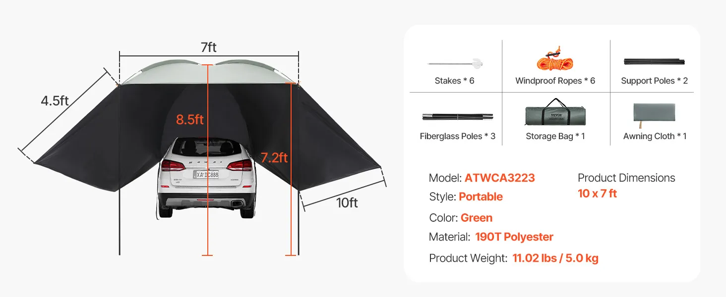 VEVOR vehicle awning setup on a car with dimensions listed. includes stakes, ropes, poles, and storage bag.
