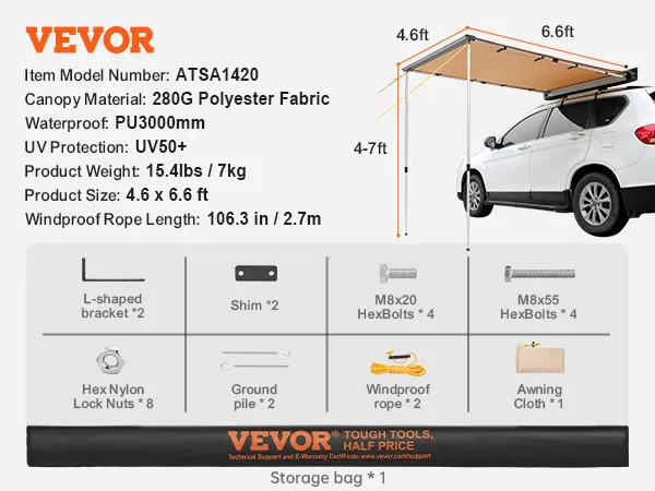 VEVOR car side awning, polyester fabric, uv50+, waterproof, set up with white suv and outdoor furniture.