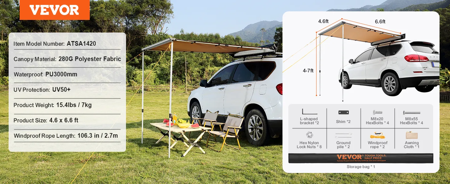 VEVOR car side awning, polyester fabric, uv50+, waterproof, set up with white suv and outdoor furniture.