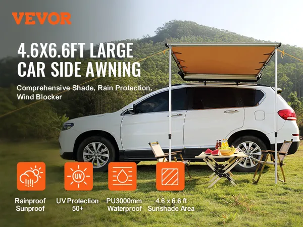 VEVOR car side awning set up on a white suv, providing extensive shade in a green scenic outdoors.