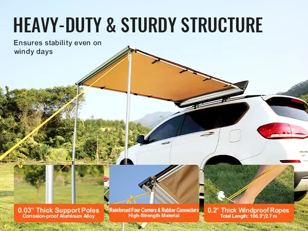 VEVOR car side awning with sturdy aluminum poles and windproof ropes, ensuring stability on windy days.