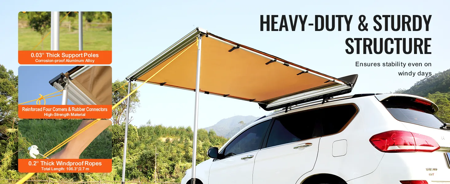 VEVOR car side awning with sturdy aluminum poles and windproof ropes, ensuring stability on windy days.