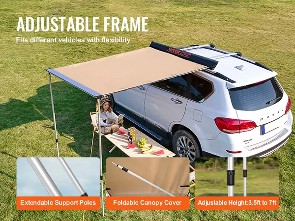 white suv with VEVOR car side awning, adjustable support poles, foldable canopy cover, and outdoor picnic setup.