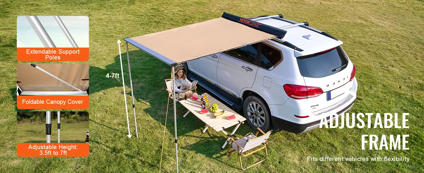white suv with VEVOR car side awning, adjustable support poles, foldable canopy cover, and outdoor picnic setup.