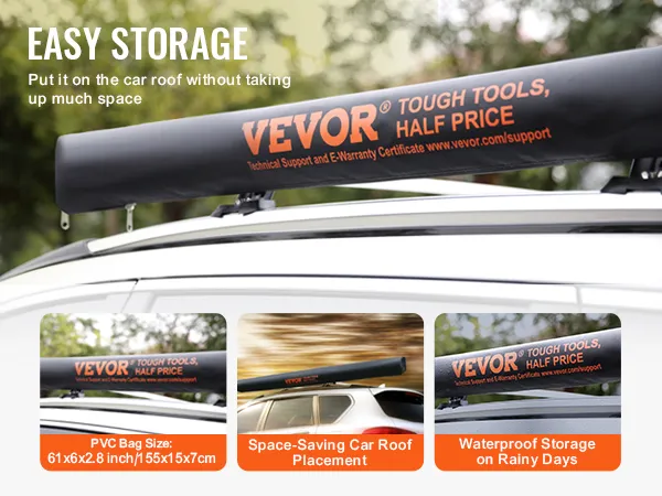 VEVOR car side awning: easy storage on car roof, waterproof for rainy days, pvc bag 61x6x2.8 inches.