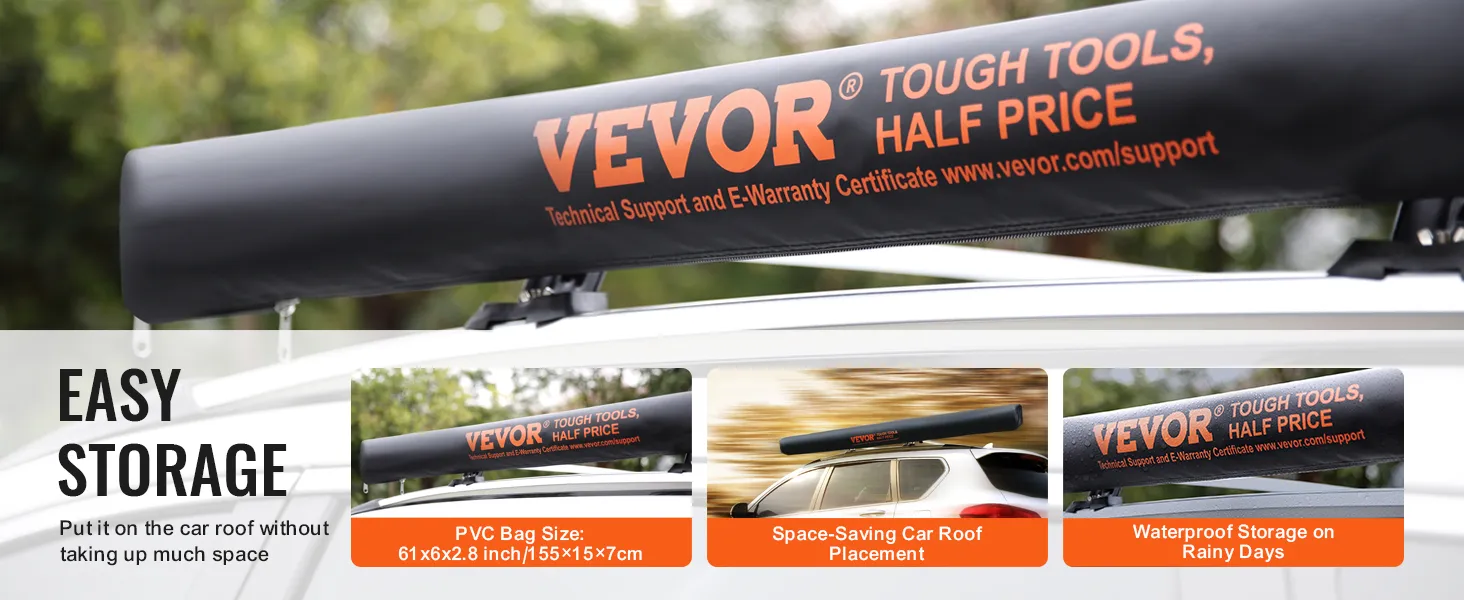 VEVOR car side awning: easy storage on car roof, waterproof for rainy days, pvc bag 61x6x2.8 inches.
