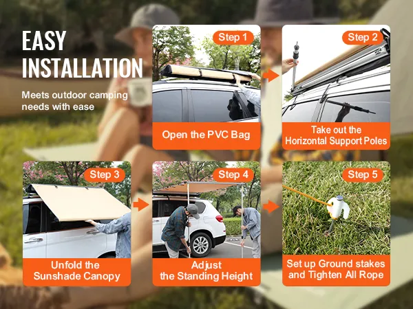 easy installation steps for the VEVOR car side awning: open pvc bag, support poles, unfold canopy, adjust height, set ground stakes.