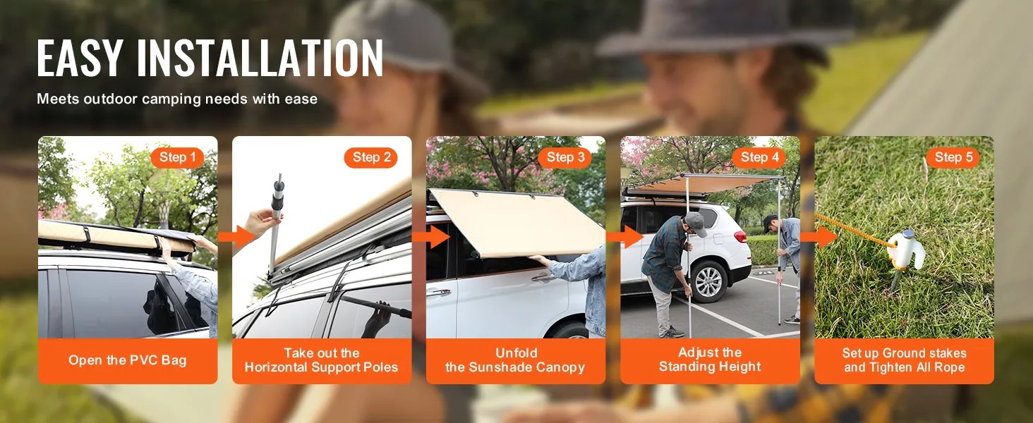 easy installation steps for the VEVOR car side awning: open pvc bag, support poles, unfold canopy, adjust height, set ground stakes.