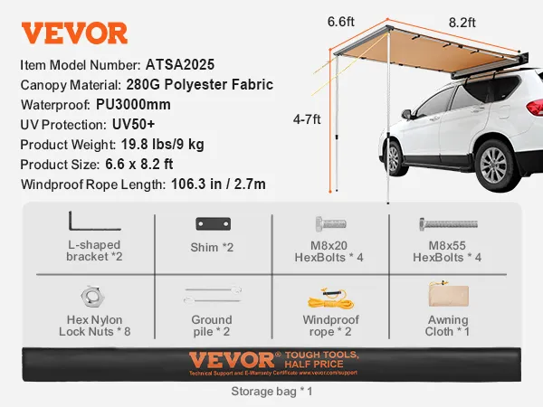 VEVOR car side awning attached to a white suv, outdoor setup with chairs and table on grassy field.