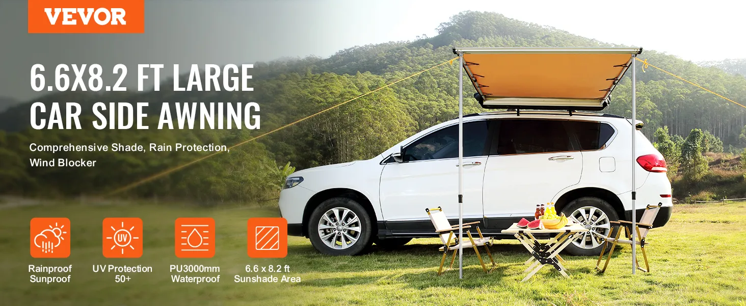 VEVOR car side awning attached to a white suv, providing shade over a grassy field with a picnic setup.