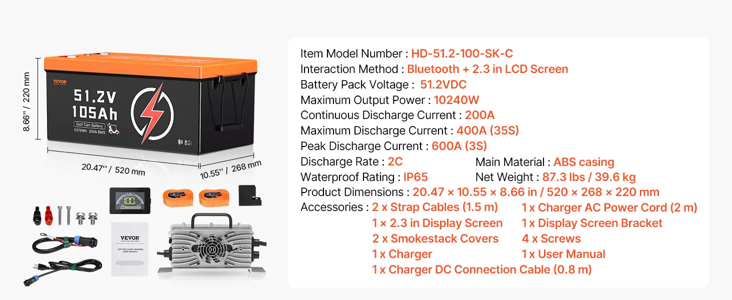 48V 105Ah Golf Cart Lithium Battery 20A Charger LCD Monitor & 4000+ Cycle