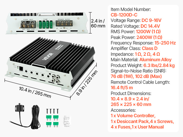 VEVOR Audio Control Car Amplifier – 1200W RMS Subwoofer