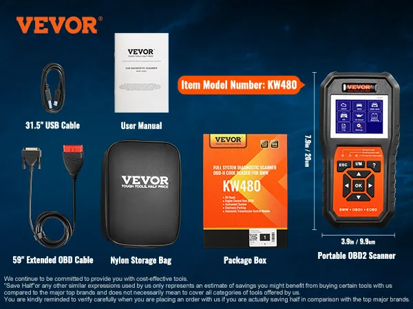 VEVOR bmw obd2 scanner with 31.5" usb cable, 59" obd cable, user manual, storage bag, package box.