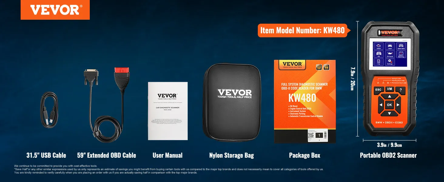 VEVOR bmw obd2 scanner with 31.5" usb cable, 59" obd cable, user manual, storage bag, package box.