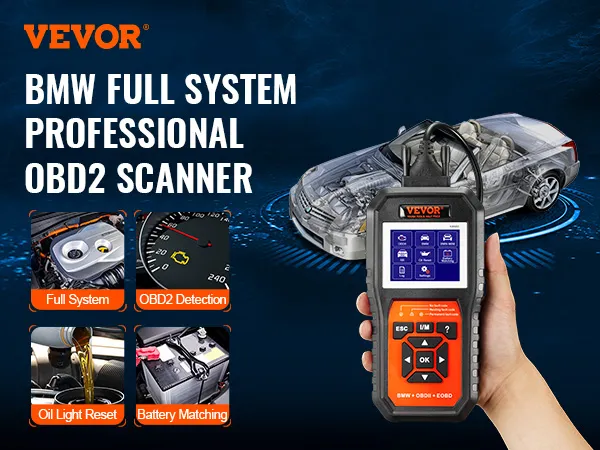 VEVOR bmw obd2 scanner, full system diagnostics, oil light reset, battery matching.
