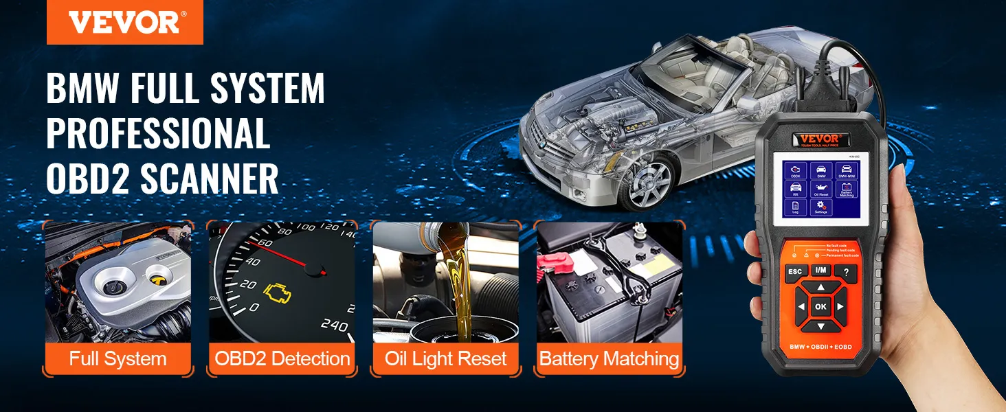 VEVOR bmw obd2 scanner, full system diagnostics, oil light reset, battery matching.