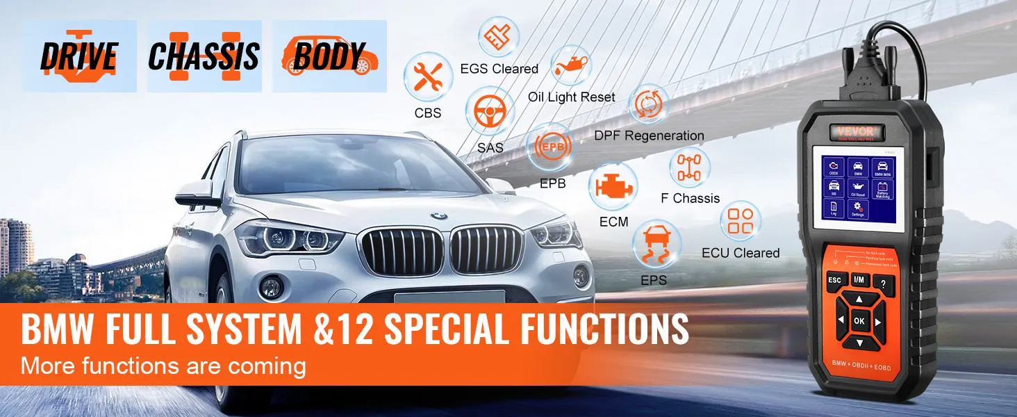 VEVOR bmw obd2 scanner: full system and 12 special functions for bmw diagnostics.