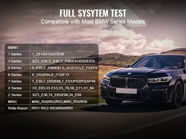 VEVOR bmw obd2 scanner compatibility list with bmw models and an image of a black bmw.