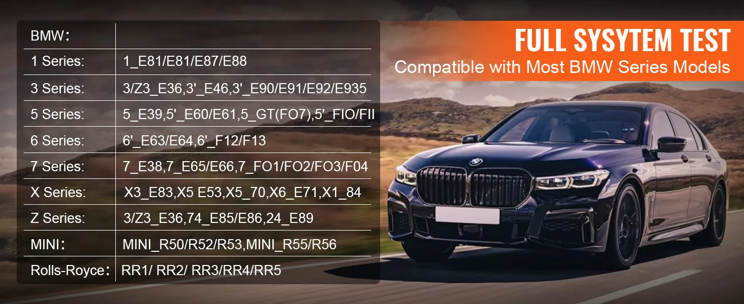 VEVOR bmw obd2 scanner compatibility list with bmw models and an image of a black bmw.