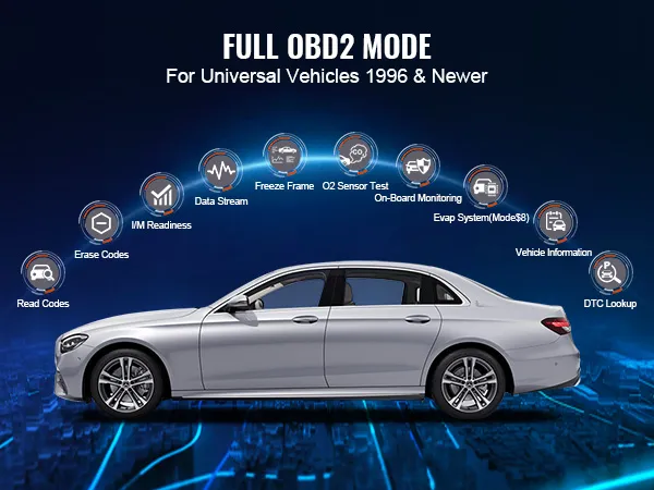 VEVOR bmw obd2 scanner, full obd2 mode for universal vehicles, showcasing key diagnostic features.