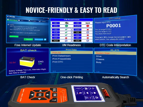 VEVOR bmw obd2 scanner displaying user interface, i/m readiness, dtc lookup, and bat check on screen.