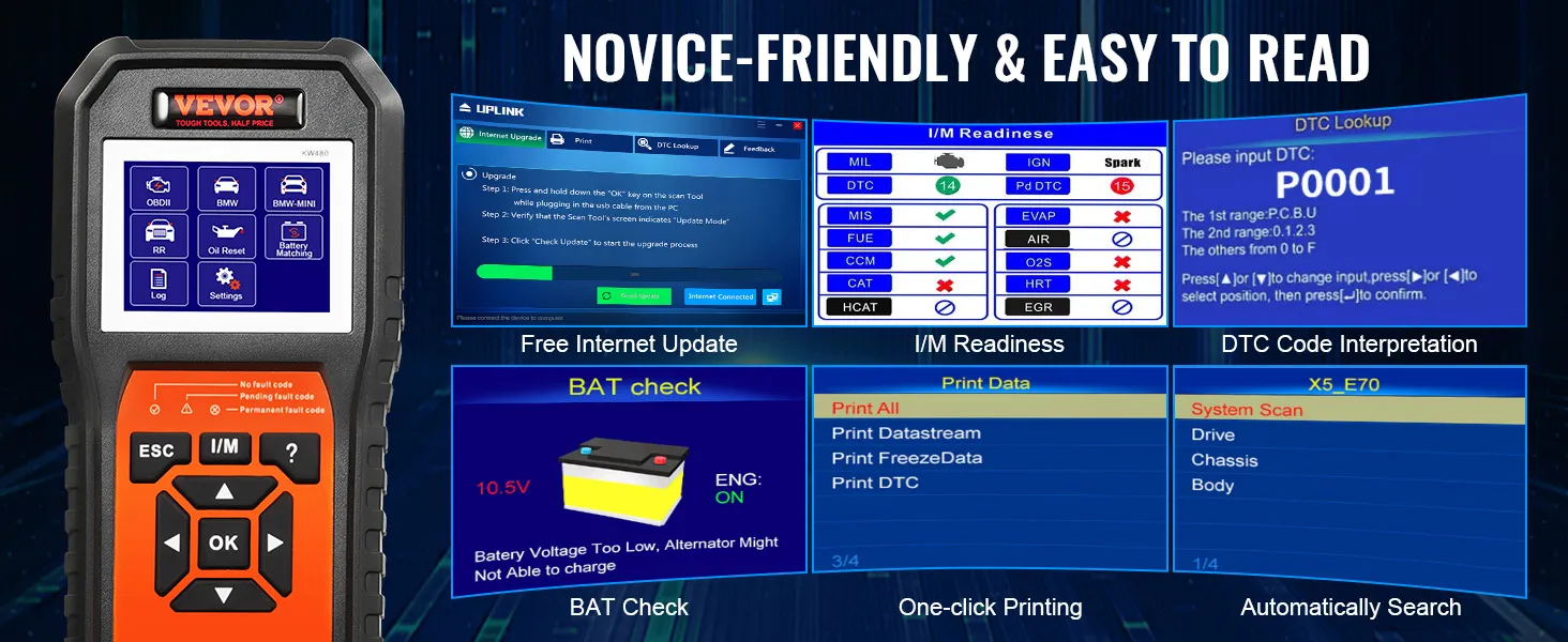 VEVOR bmw obd2 scanner displaying user interface, i/m readiness, dtc lookup, and bat check on screen.