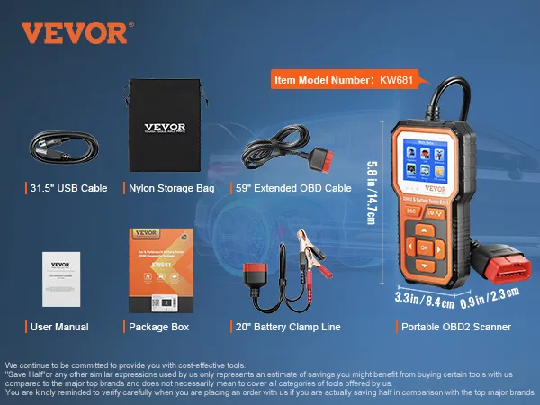 VEVOR obd2 scanner with cables, nylon storage bag, user manual, and package box displayed.
