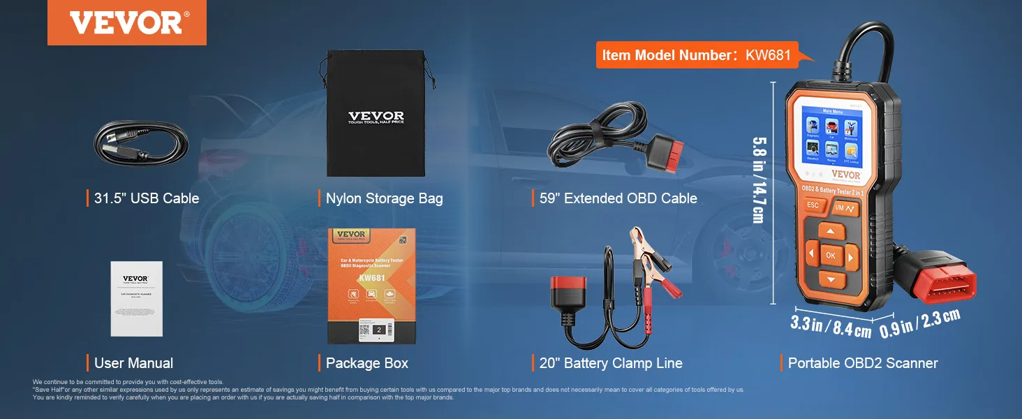 VEVOR obd2 scanner with cables, nylon storage bag, user manual, and package box displayed.