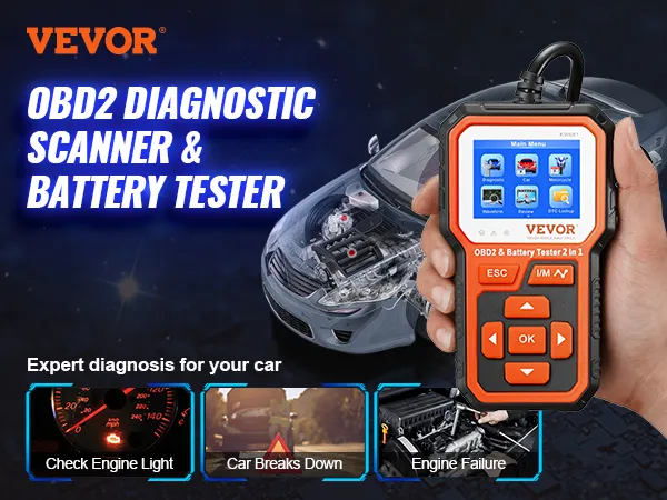 VEVOR obd2 scanner and battery tester held in hand, car diagnostics displayed.