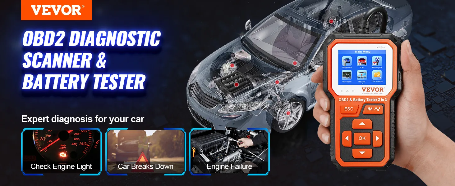 VEVOR obd2 scanner and battery tester held in hand, car diagnostics displayed.
