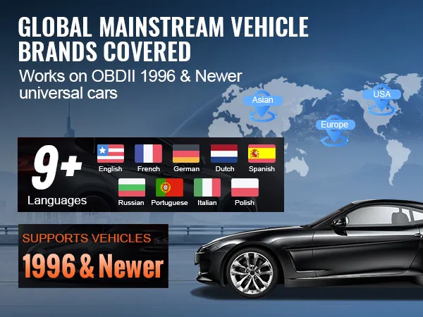 VEVOR obd2 scanner supports global vehicle brands, obdii 1996 & newer cars, 9+ languages, europe, usa, asia.