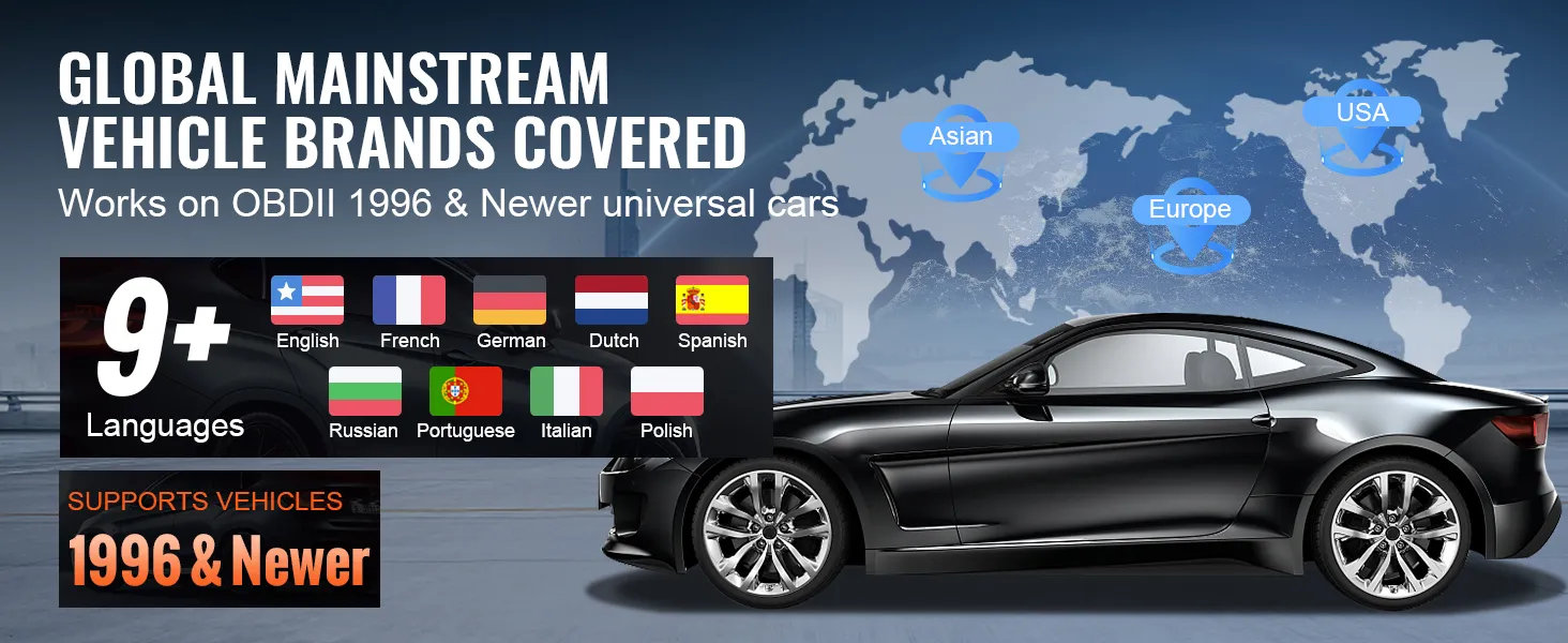 VEVOR obd2 scanner supports global vehicle brands, obdii 1996 & newer cars, 9+ languages, europe, usa, asia.