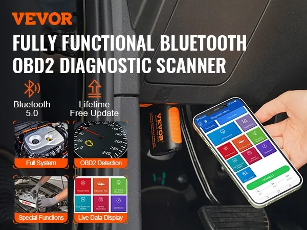 VEVOR obd2 scanner, bluetooth 5.0, lifetime updates, diagnostic menu on smartphone, live data display.