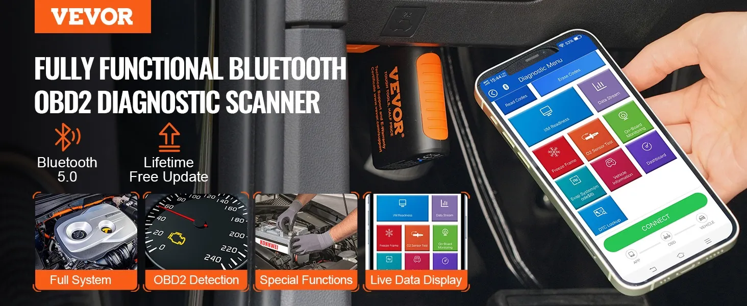 VEVOR obd2 scanner, bluetooth 5.0, lifetime updates, diagnostic menu on smartphone, live data display.
