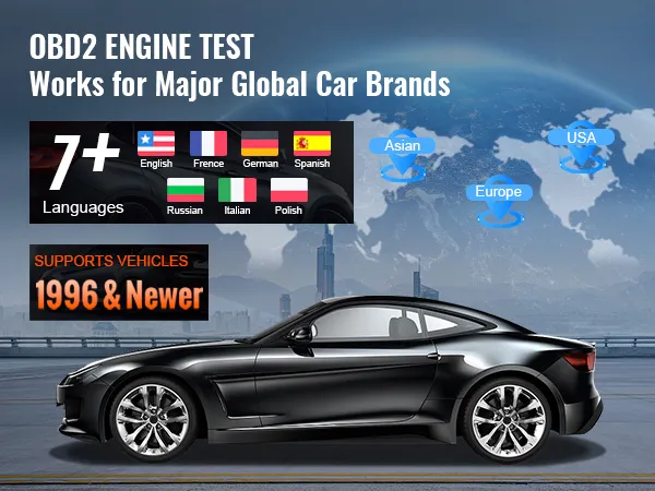 VEVOR obd2 scanner supports vehicles 1996 and newer, works with major global car brands, 7+ languages.