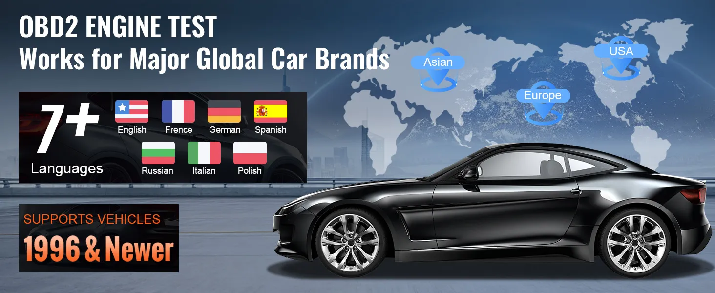 VEVOR obd2 scanner supports vehicles 1996 and newer, works with major global car brands, 7+ languages.