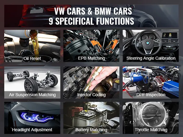 vw & bmw cars with 9 specific functions: oil reset, epb matching, tcm, headlight adjustment, and more.