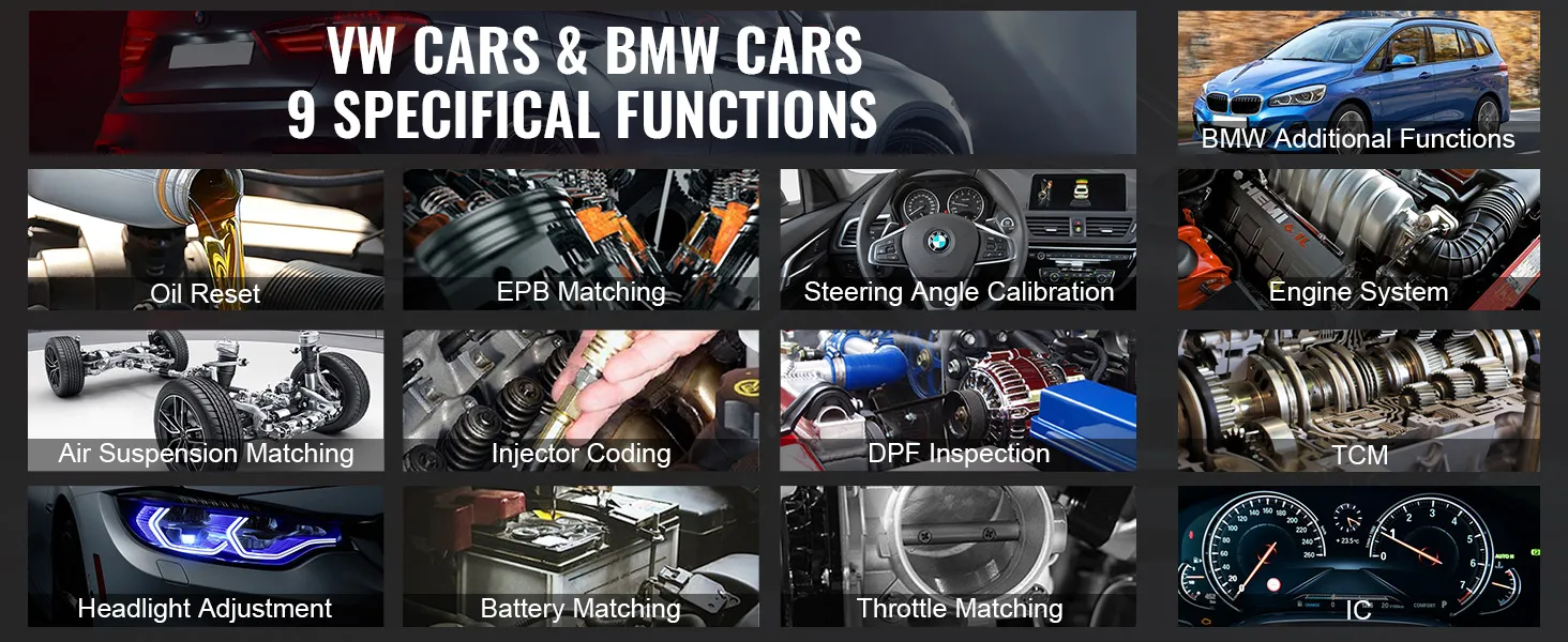 vw & bmw cars with 9 specific functions: oil reset, epb matching, tcm, headlight adjustment, and more.