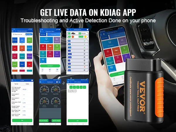 VEVOR obd2 scanner showcasing live data and diagnostics on the kdiag app for car troubleshooting.