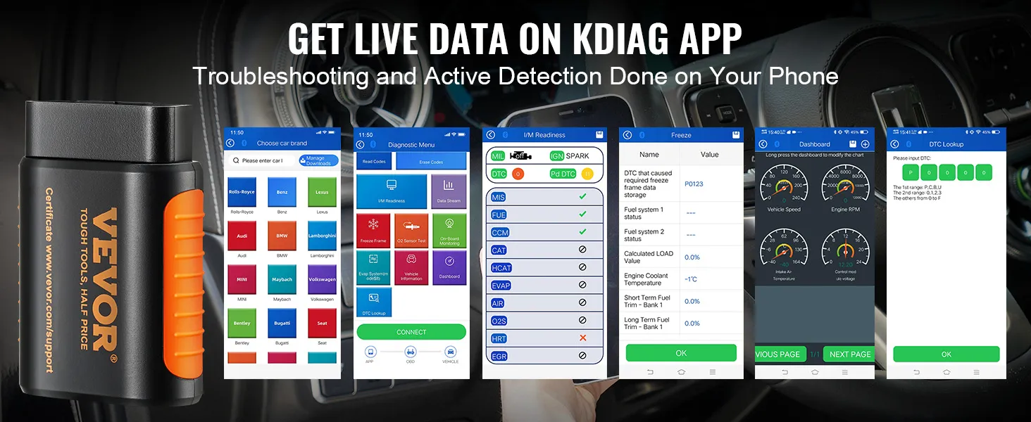 VEVOR obd2 scanner showcasing live data and diagnostics on the kdiag app for car troubleshooting.