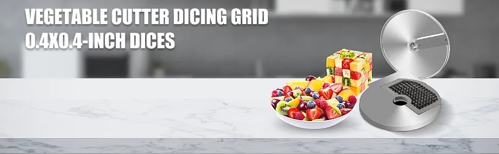 Disco cortador de verduras VEVOR junto a frutas y verduras cortadas en cubitos sobre una encimera de mármol.