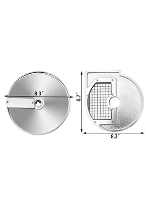 Disco cortador de verduras VEVOR con dimensiones etiquetadas 8,3 pulgadas y 8,7 pulgadas.