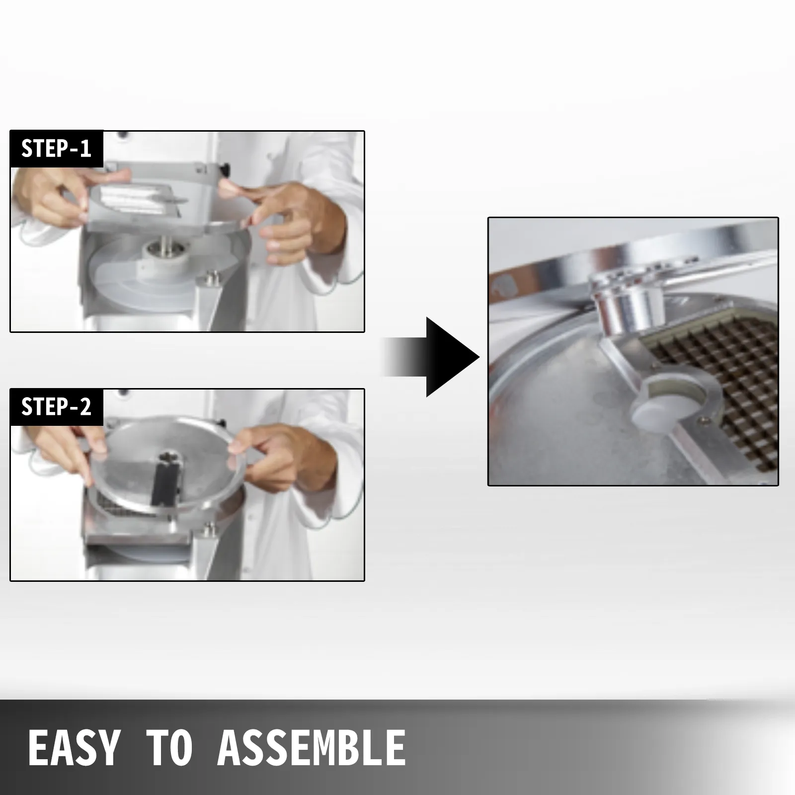 Pasos de montaje sencillos para el disco cortador de verduras VEVOR.