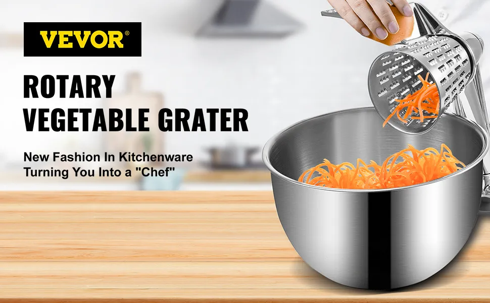 VEVOR rotary cheese grater slicing carrots into a stainless steel bowl in a modern kitchen.