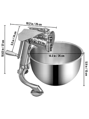 VEVOR rotary cheese grater with stainless steel bowl and detailed measurements.