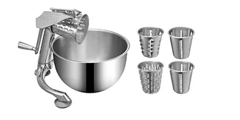 VEVOR rotary cheese grater with stainless bowl and four steel drum attachments.