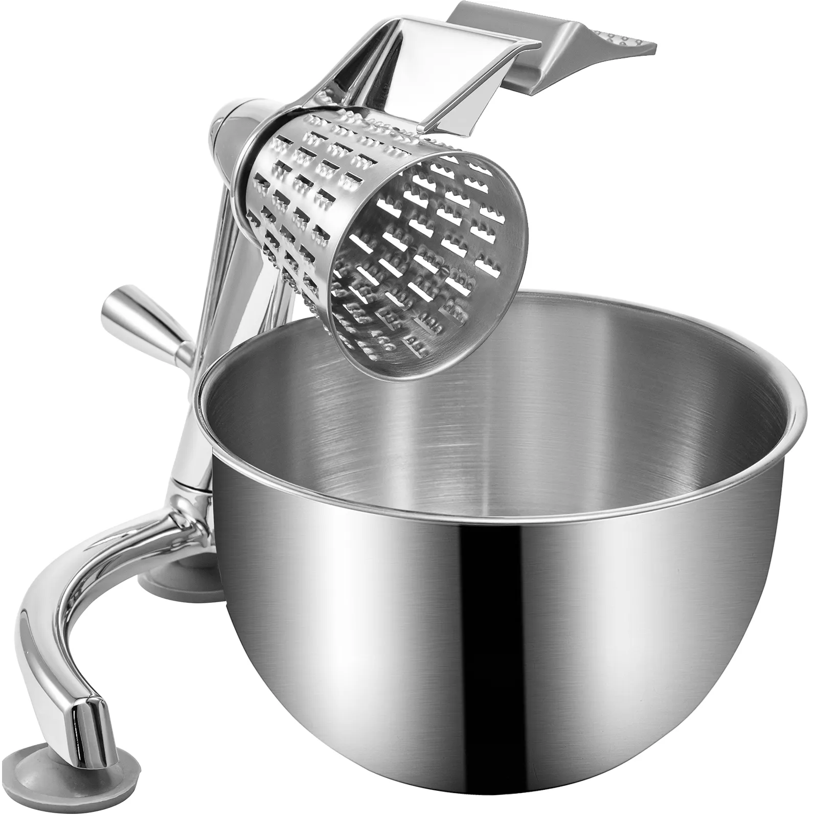 VEVOR rotary cheese grater with metal bowl and suction base.
