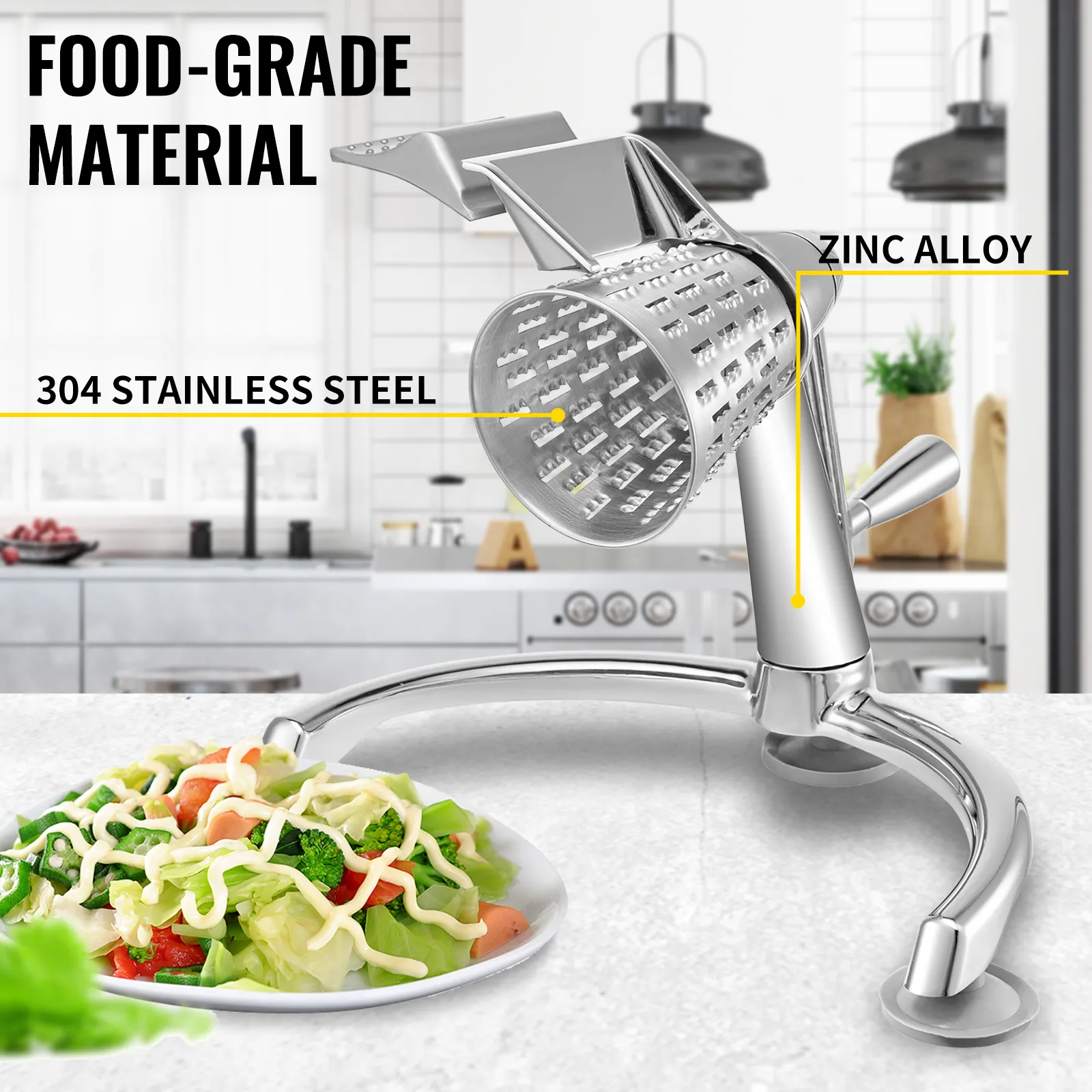 VEVOR rotary cheese grater in 304 stainless steel and zinc alloy on a kitchen counter.