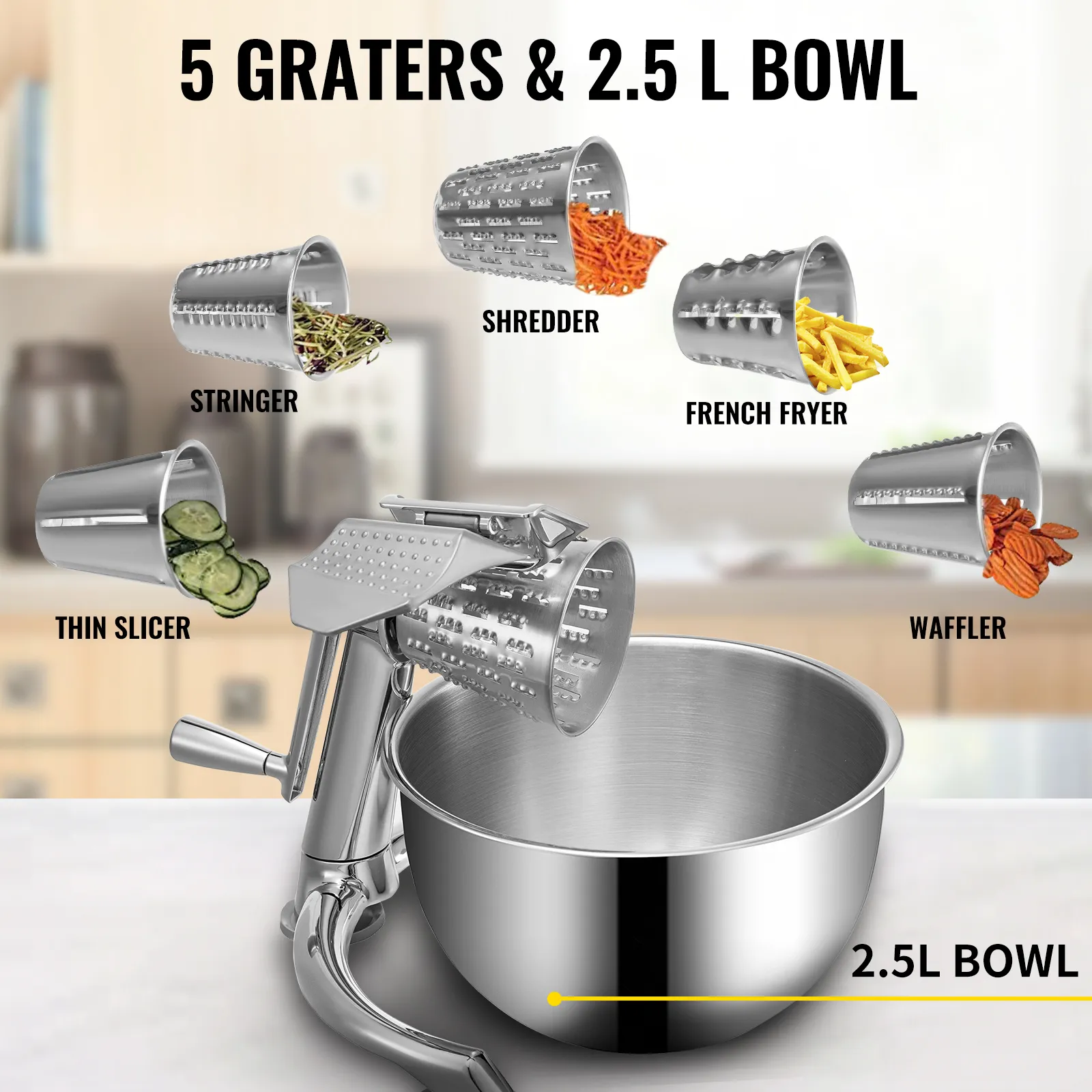 VEVOR rotary cheese grater with 5 interchangeable graters and 2.5l stainless steel bowl.
